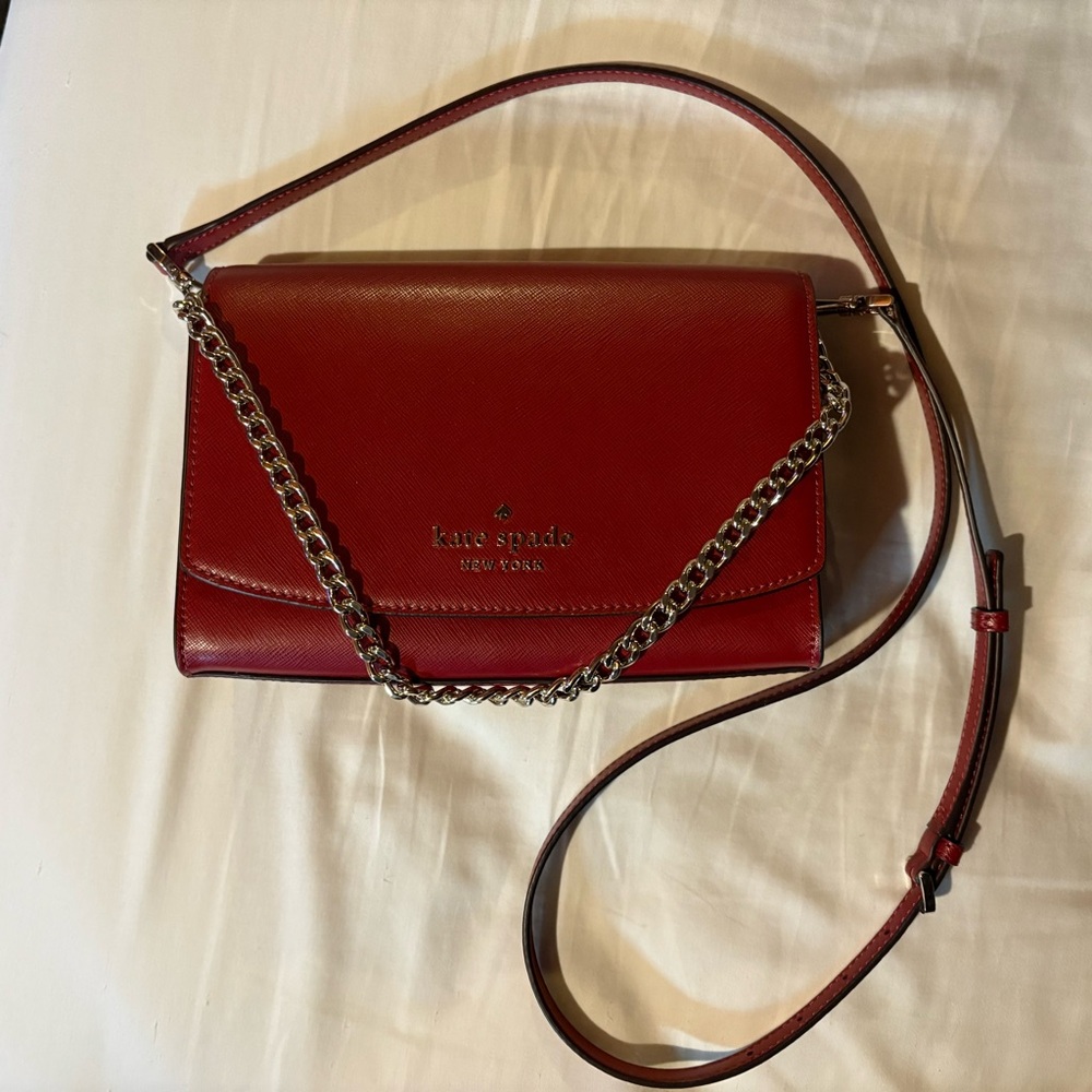 Kate Spade Red Leather Crossbody Bag with Chain Detailing